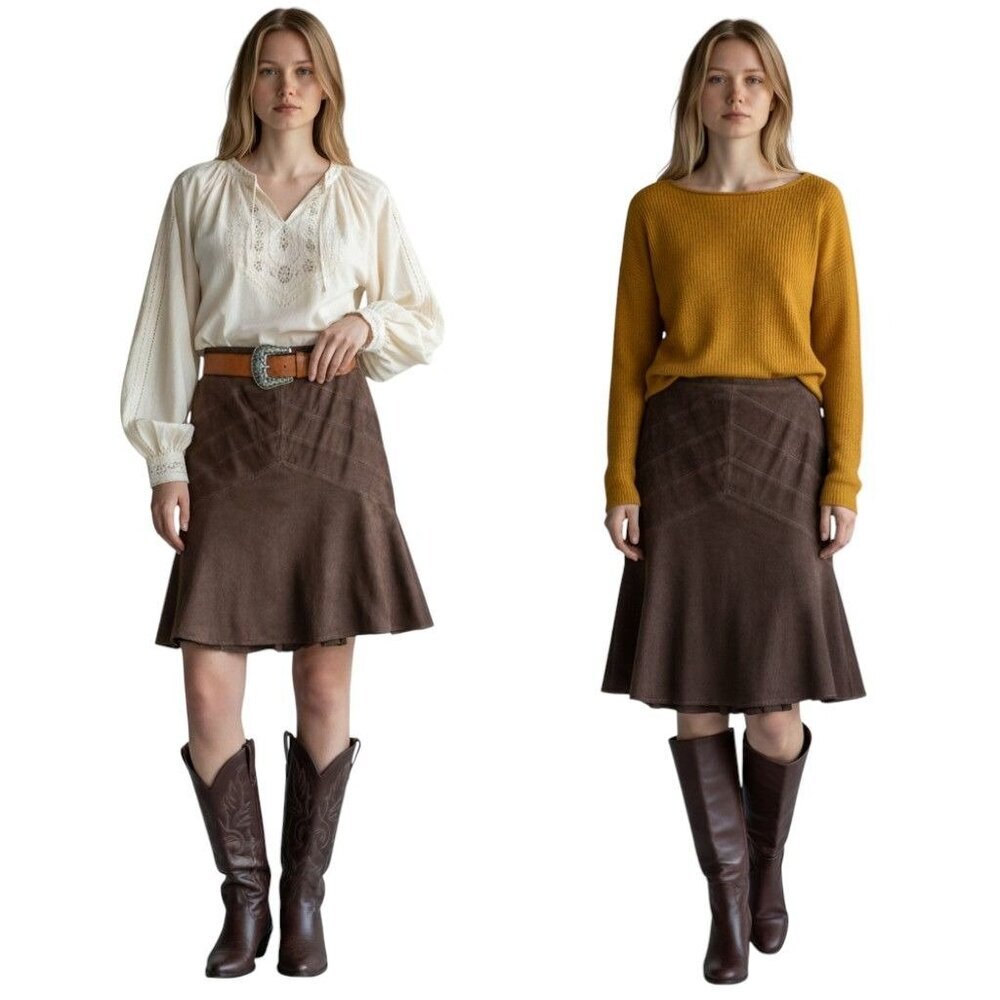 VTG Loft‎ Microsuede Brown Skirt Panel Detail Boho Revival 70s Western Size 4